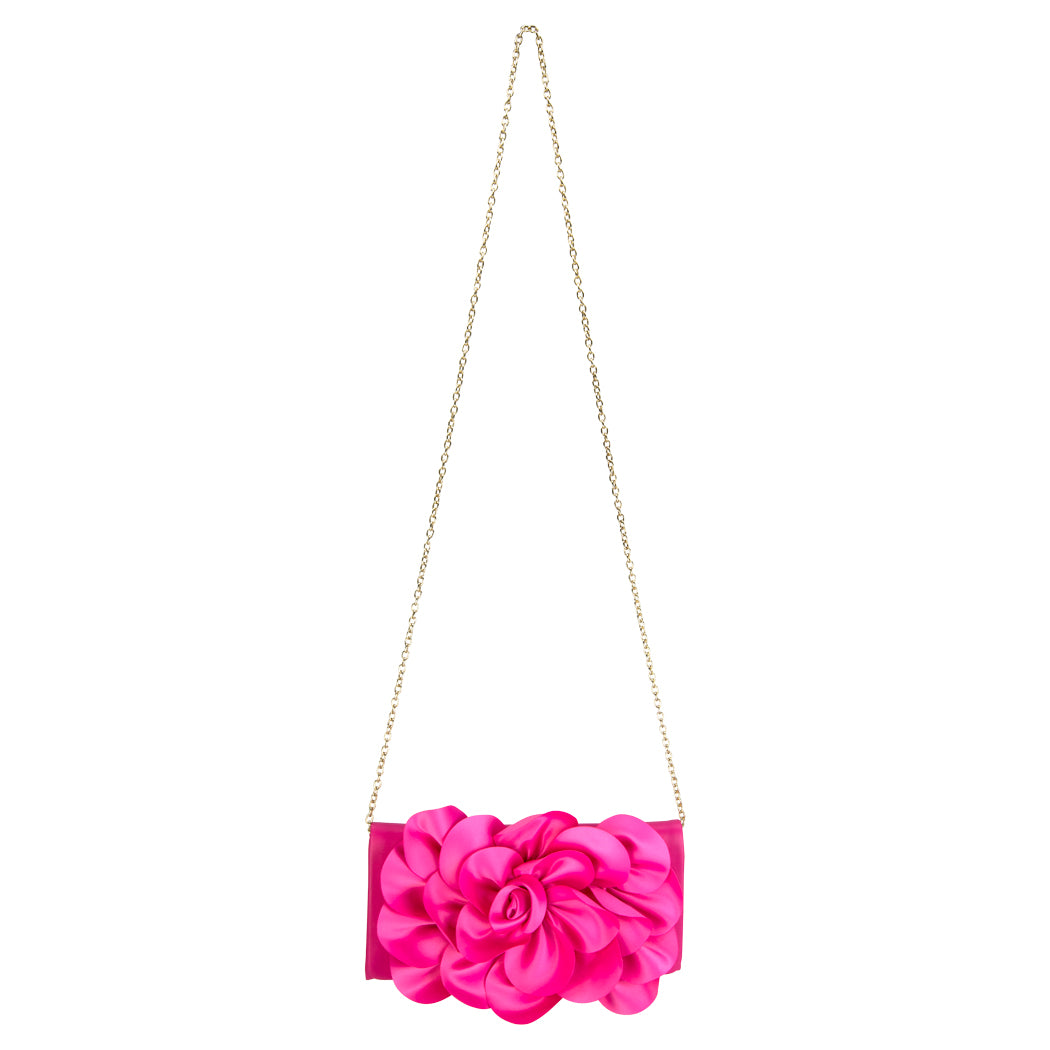 Soft Nappa Flap Clutch With Satin Rose Detail Fuchsia