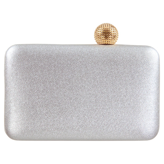 Box Clutch With Asymmetric Ball Clasp In Faux Leather Silver