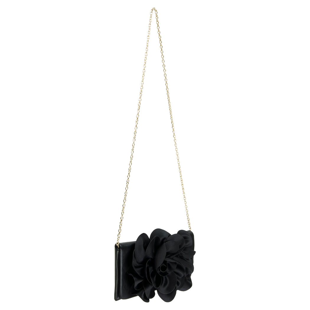 Soft Nappa Flap Clutch With Satin Rose Detail Black