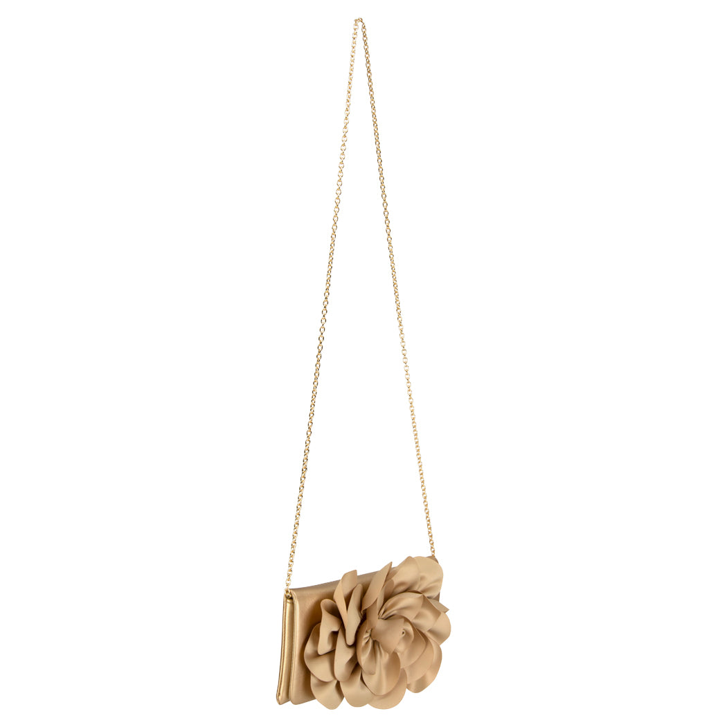 Soft Nappa Flap Clutch With Satin Rose Detail Champagne