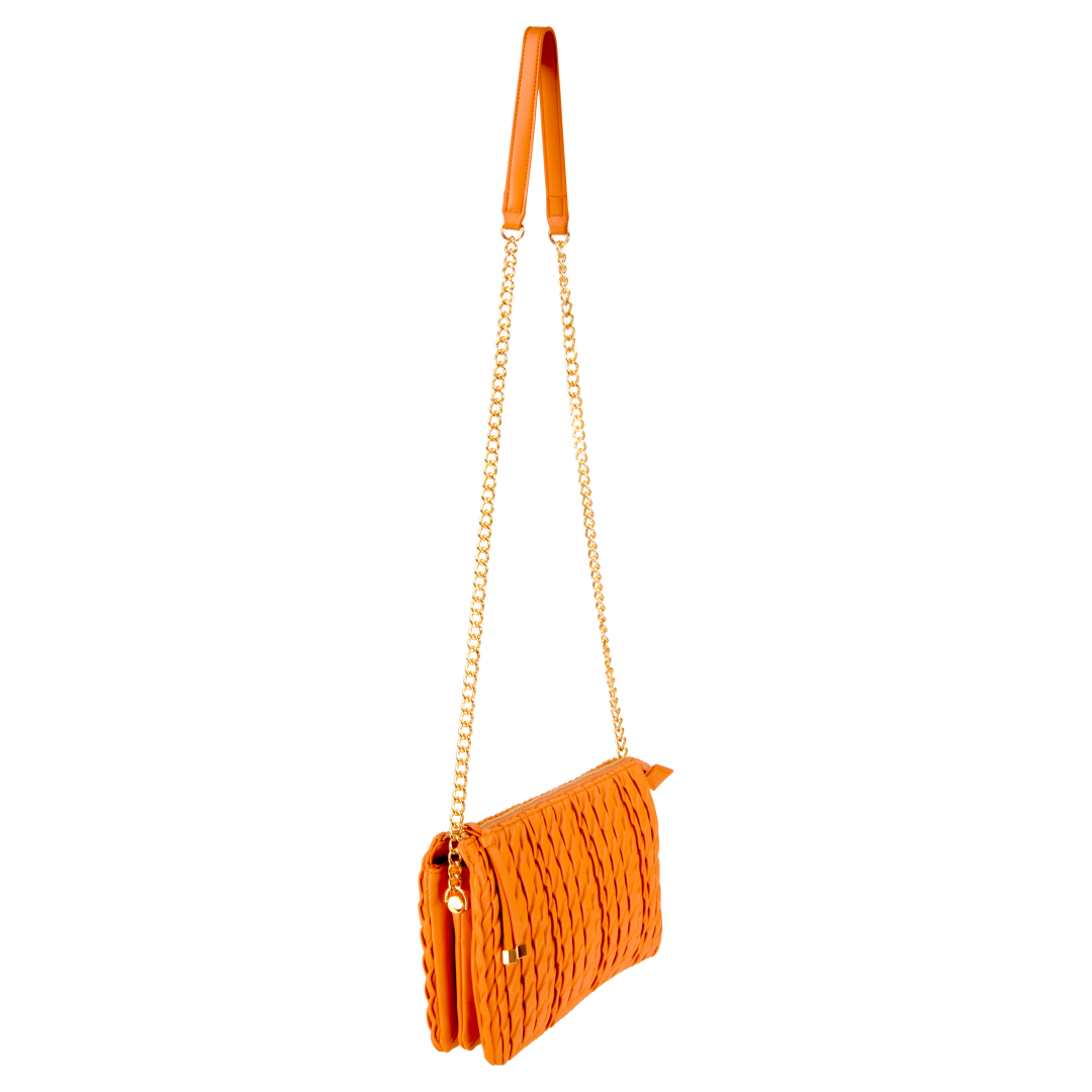 Pleated Faux Leather Crossbody With Chain Detail Orange