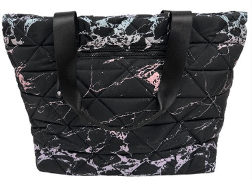 Diamond Quilted Ombre Marble Printed Nylon Weekender Tote Black