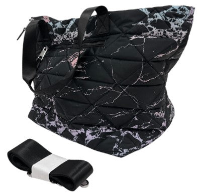Diamond Quilted Ombre Marble Printed Nylon Weekender Tote Black
