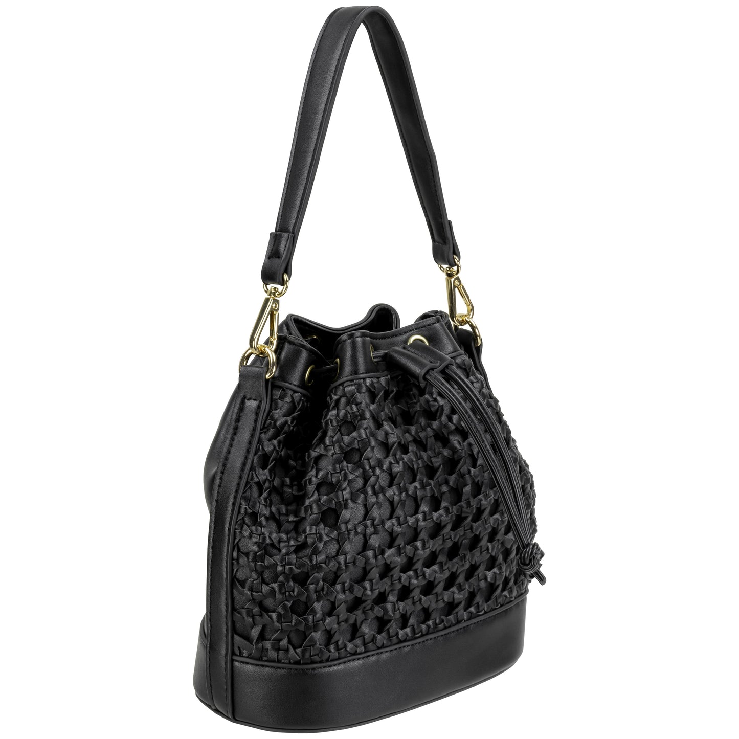 Faux Leather Overlay Bucket Bag Black