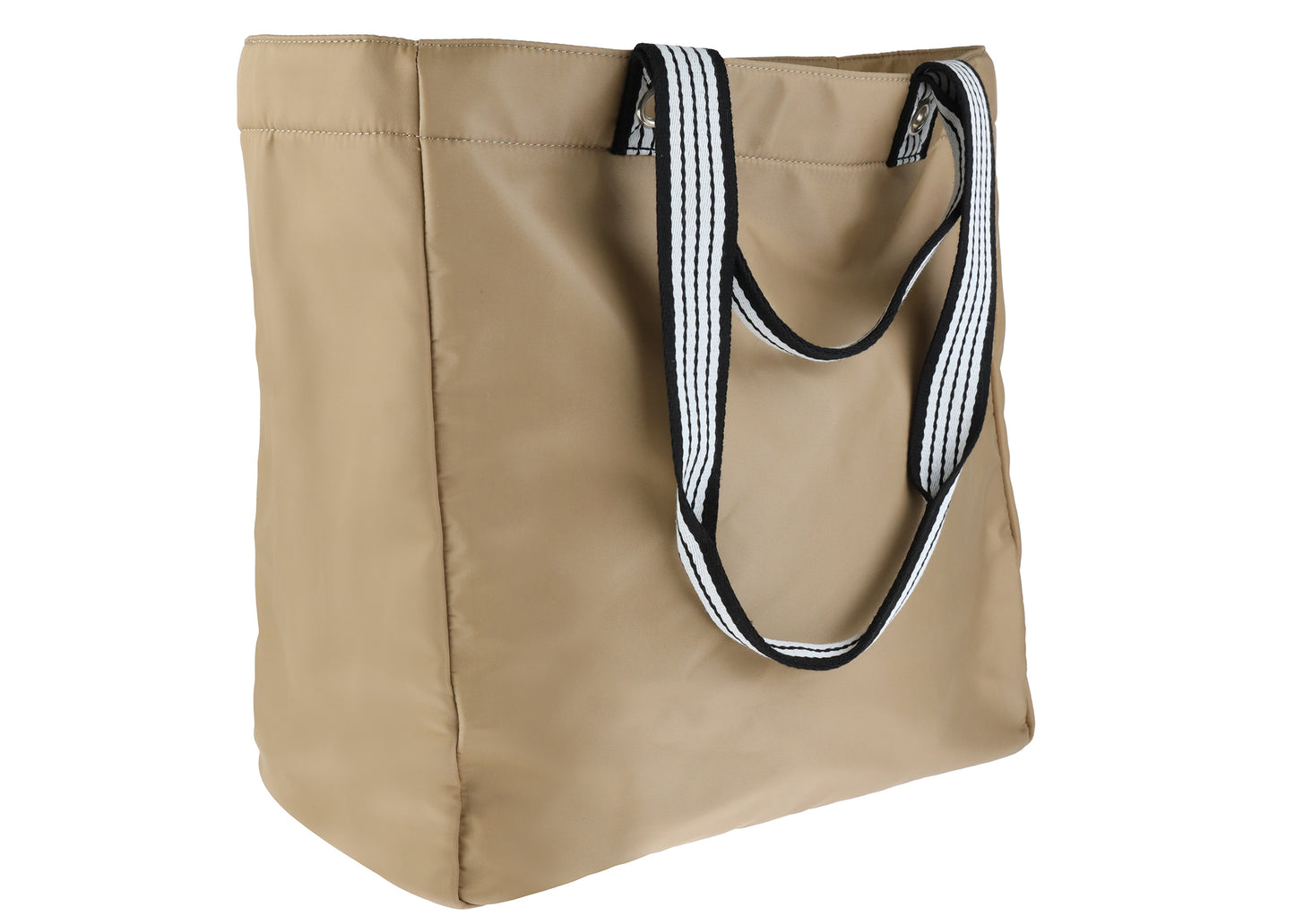 Nylon Tote With Striped Double Handles Khaki