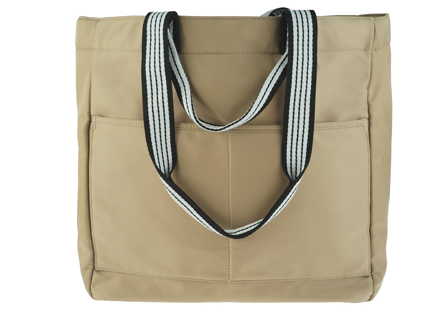 Nylon Tote With Striped Double Handles Khaki