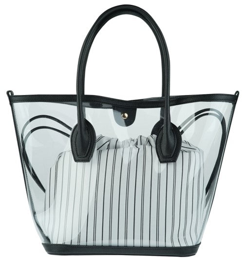 Clear Tote With Interior Stripe Drawstring Pouch Black