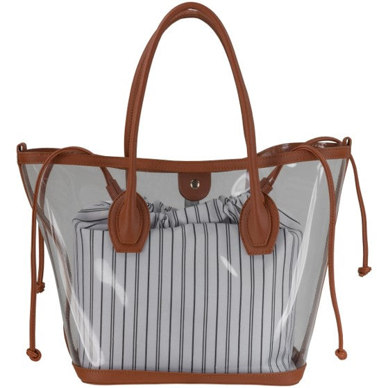 Clear Tote With Interior Stripe Drawstring Pouch Cognac