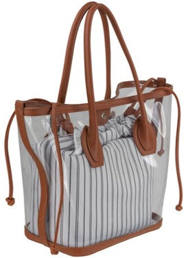 Clear Tote With Interior Stripe Drawstring Pouch Cognac