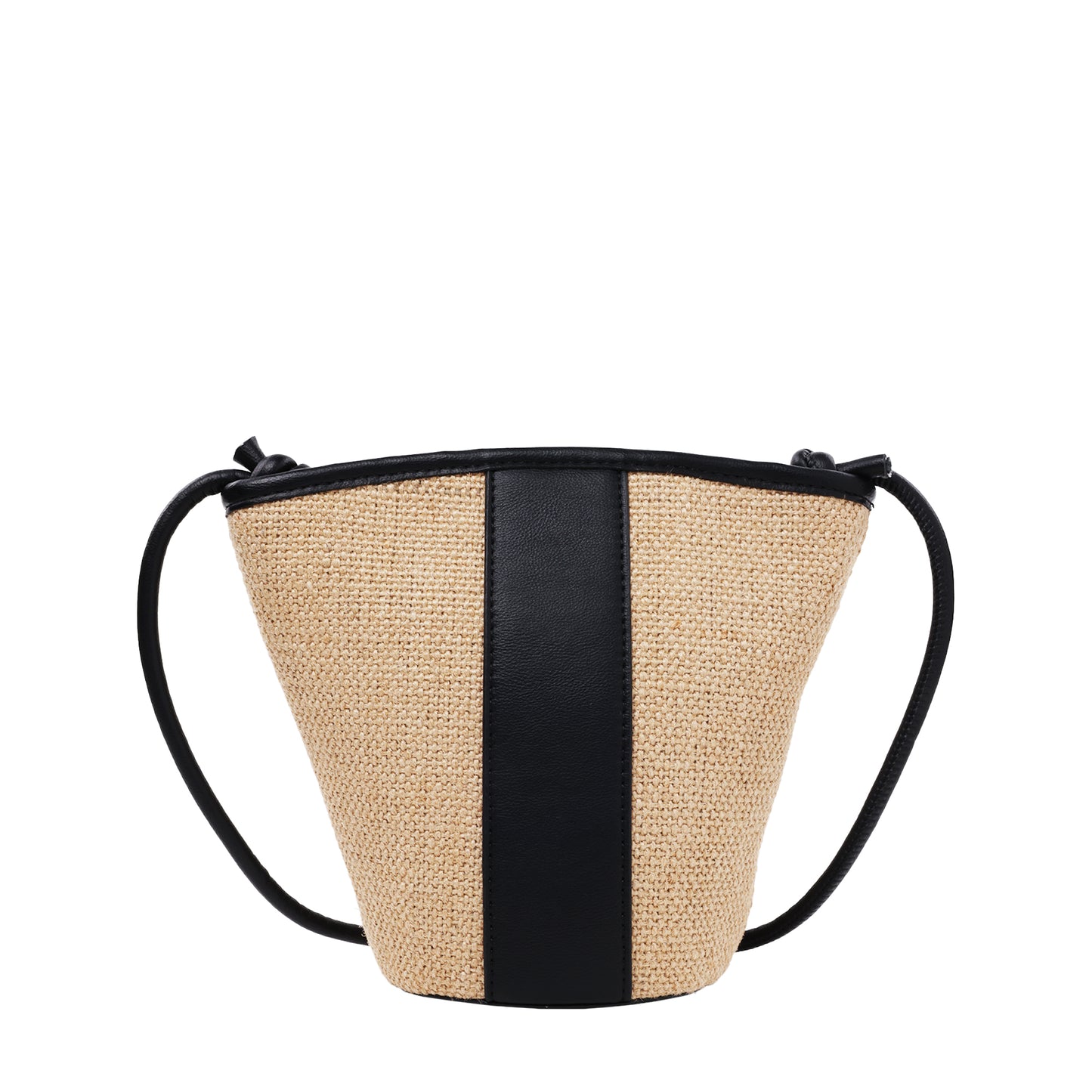 Raffia Crossbody With Pebbled Faux Leather Trim Black