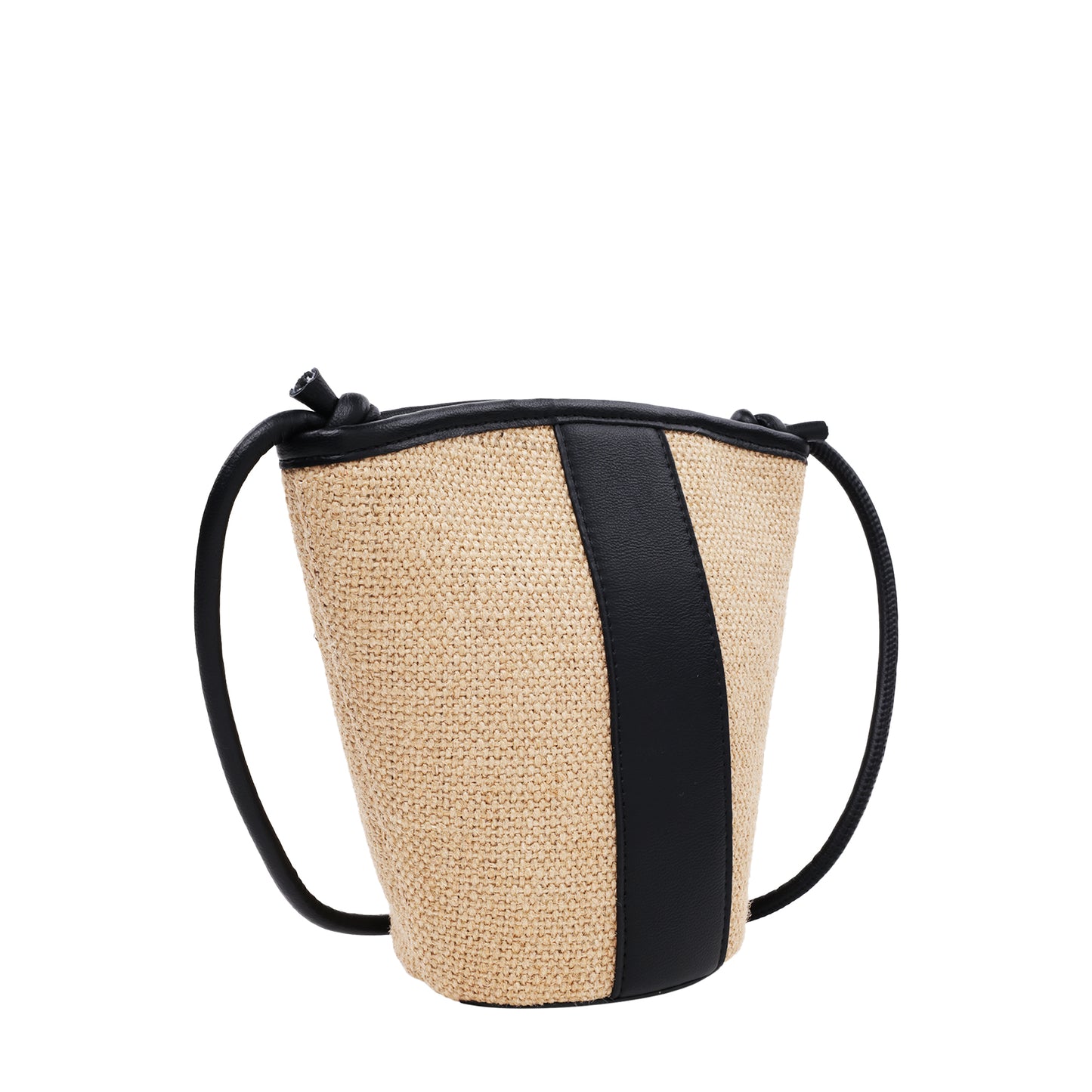 Raffia Crossbody With Pebbled Faux Leather Trim Black