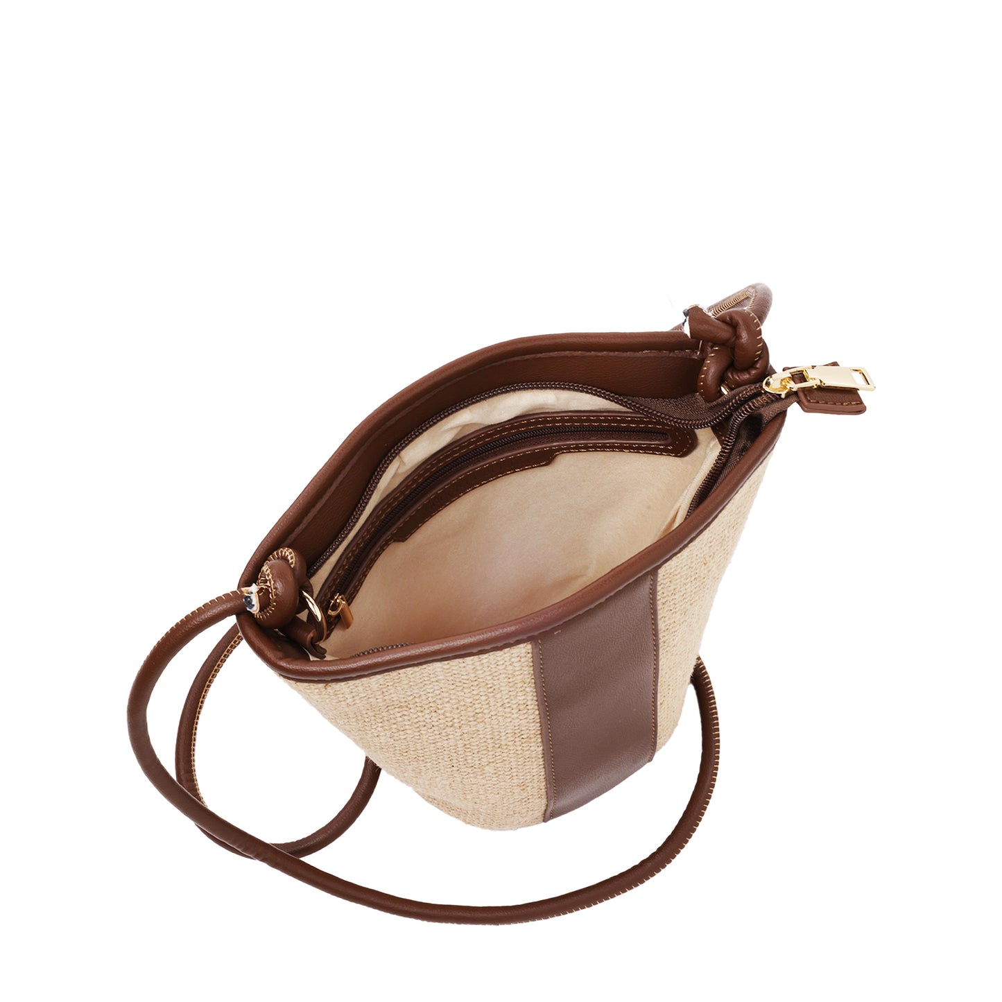 Raffia Crossbody With Pebbled Faux Leather Trim Brown