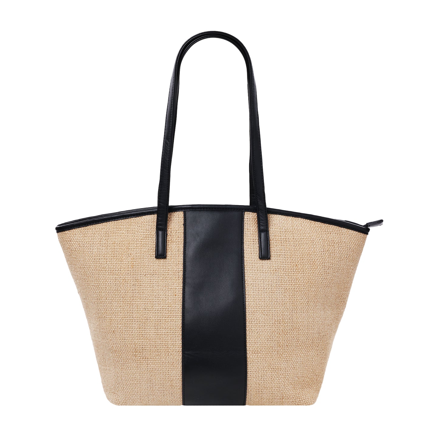 Raffia Tote With Pebbled Faux Leather Trim And Zippered Closure Black