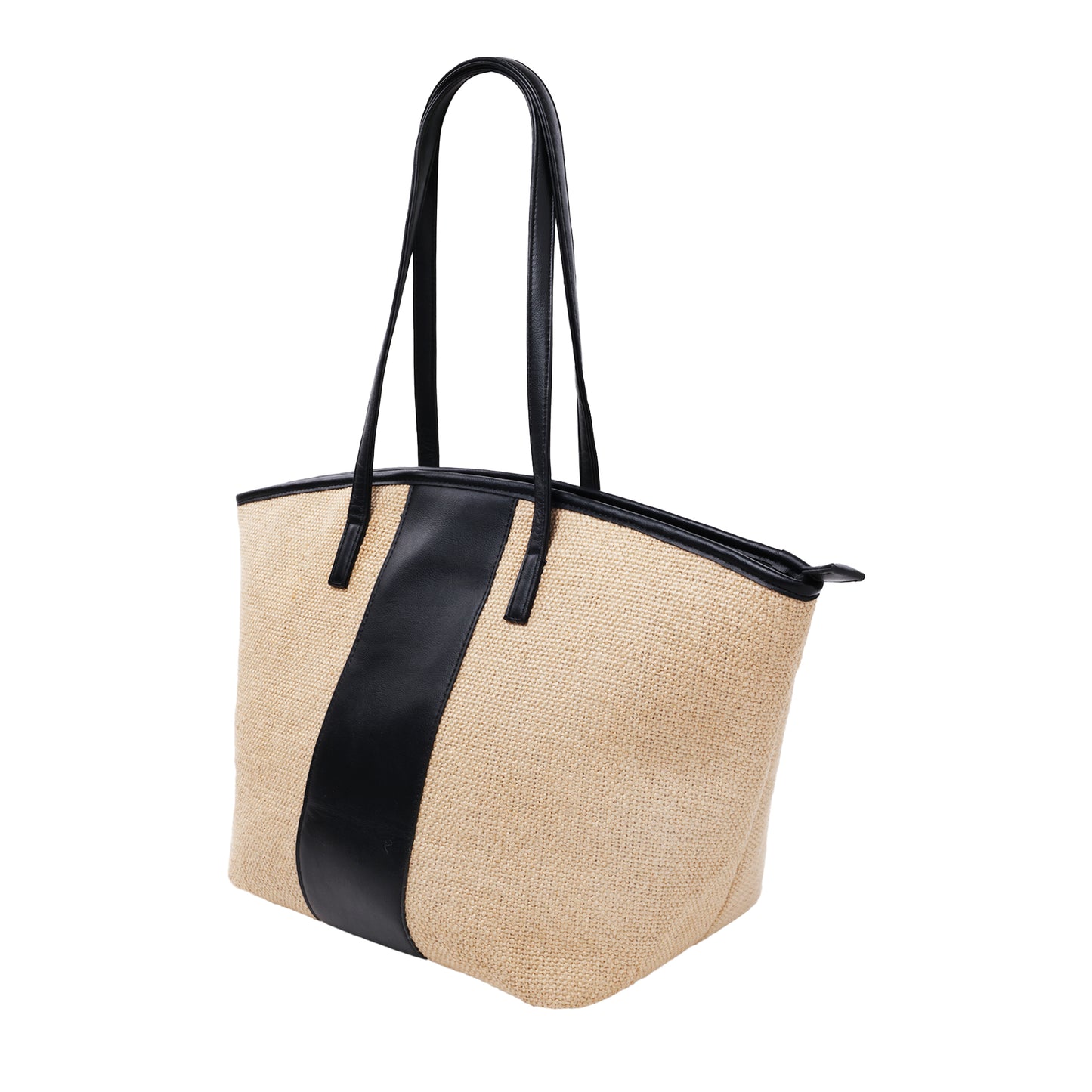 Raffia Tote With Pebbled Faux Leather Trim And Zippered Closure Black