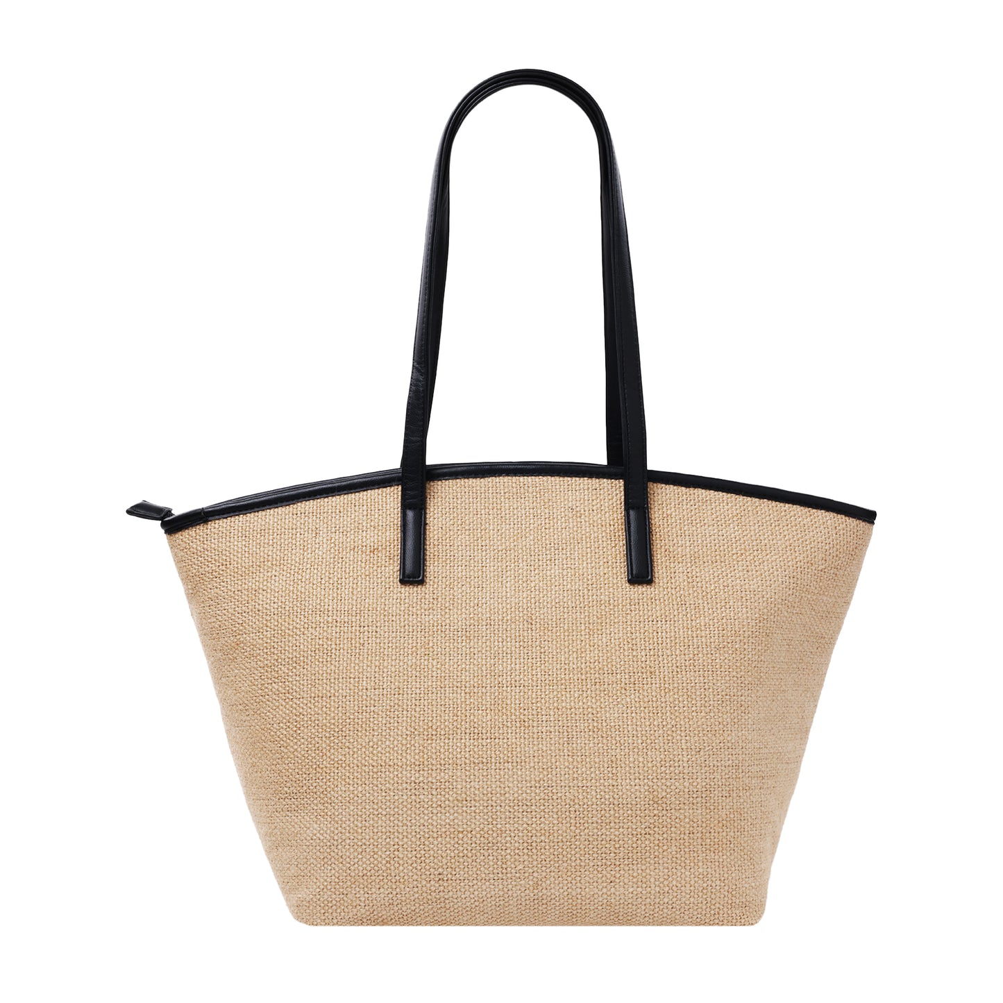 Raffia Tote With Pebbled Faux Leather Trim And Zippered Closure Black