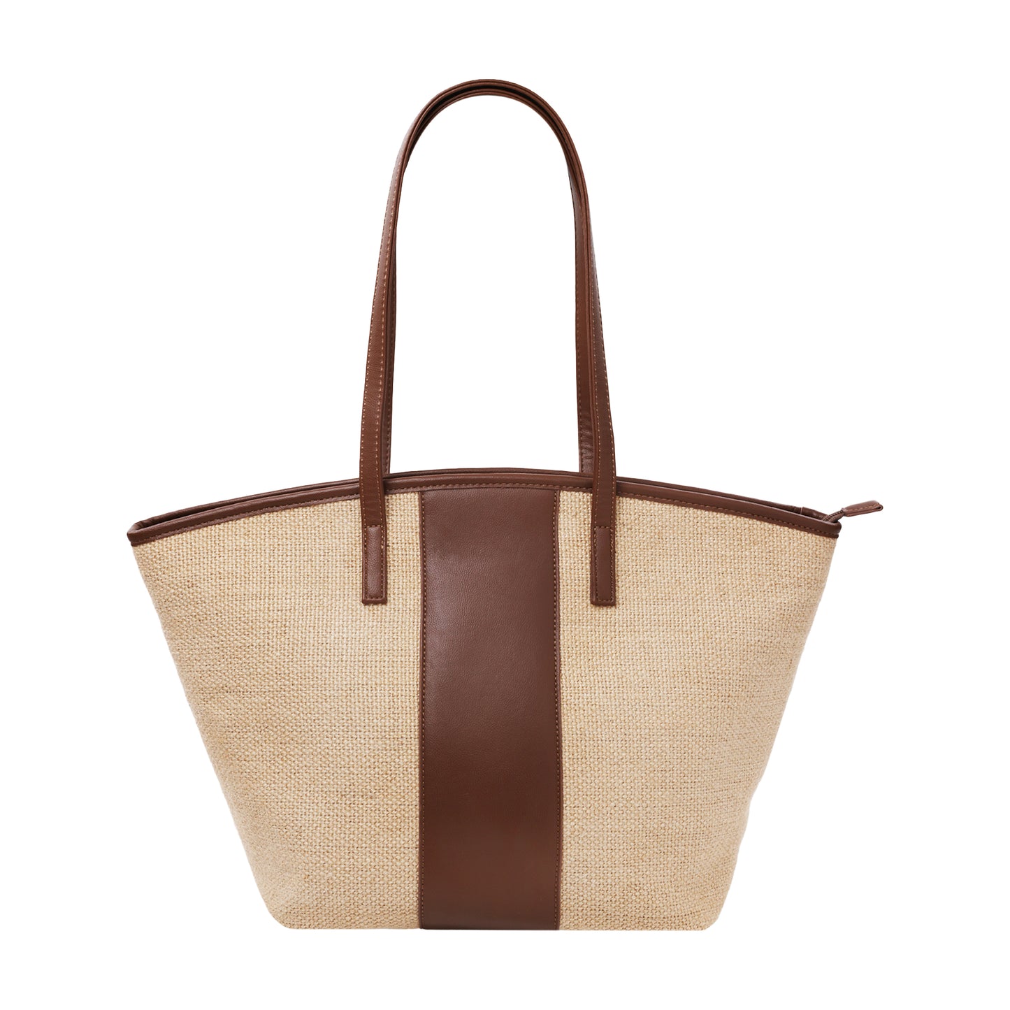 Raffia Tote With Pebbled Faux Leather Trim And Zippered Closure Brown