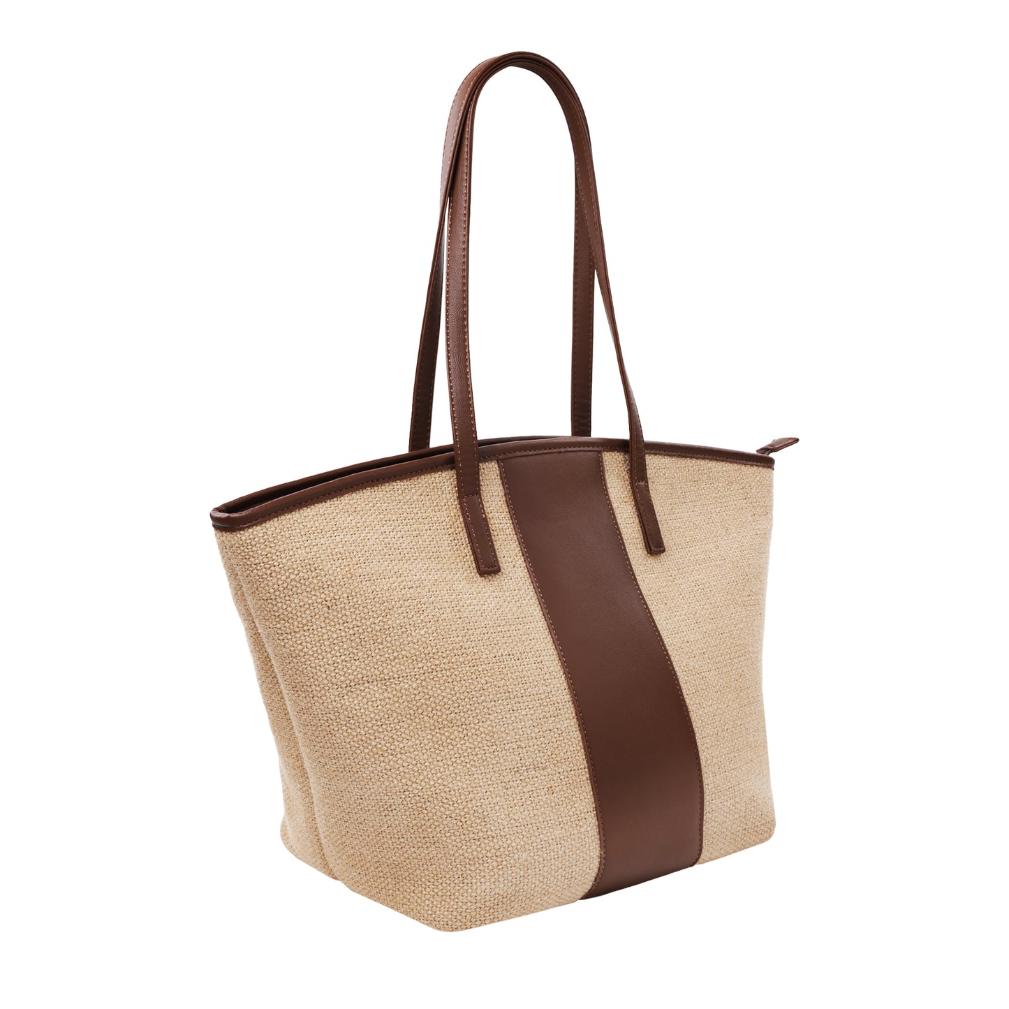 Raffia Tote With Pebbled Faux Leather Trim And Zippered Closure Brown