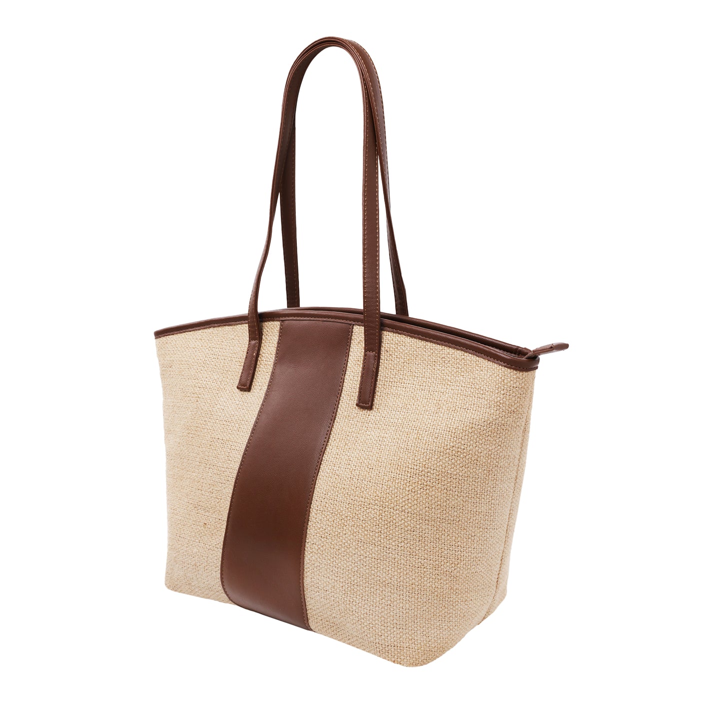 Raffia Tote With Pebbled Faux Leather Trim And Zippered Closure Brown