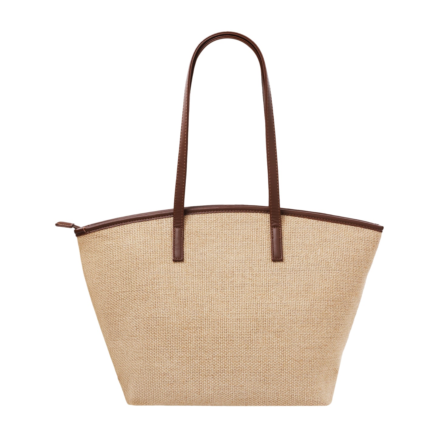 Raffia Tote With Pebbled Faux Leather Trim And Zippered Closure Brown