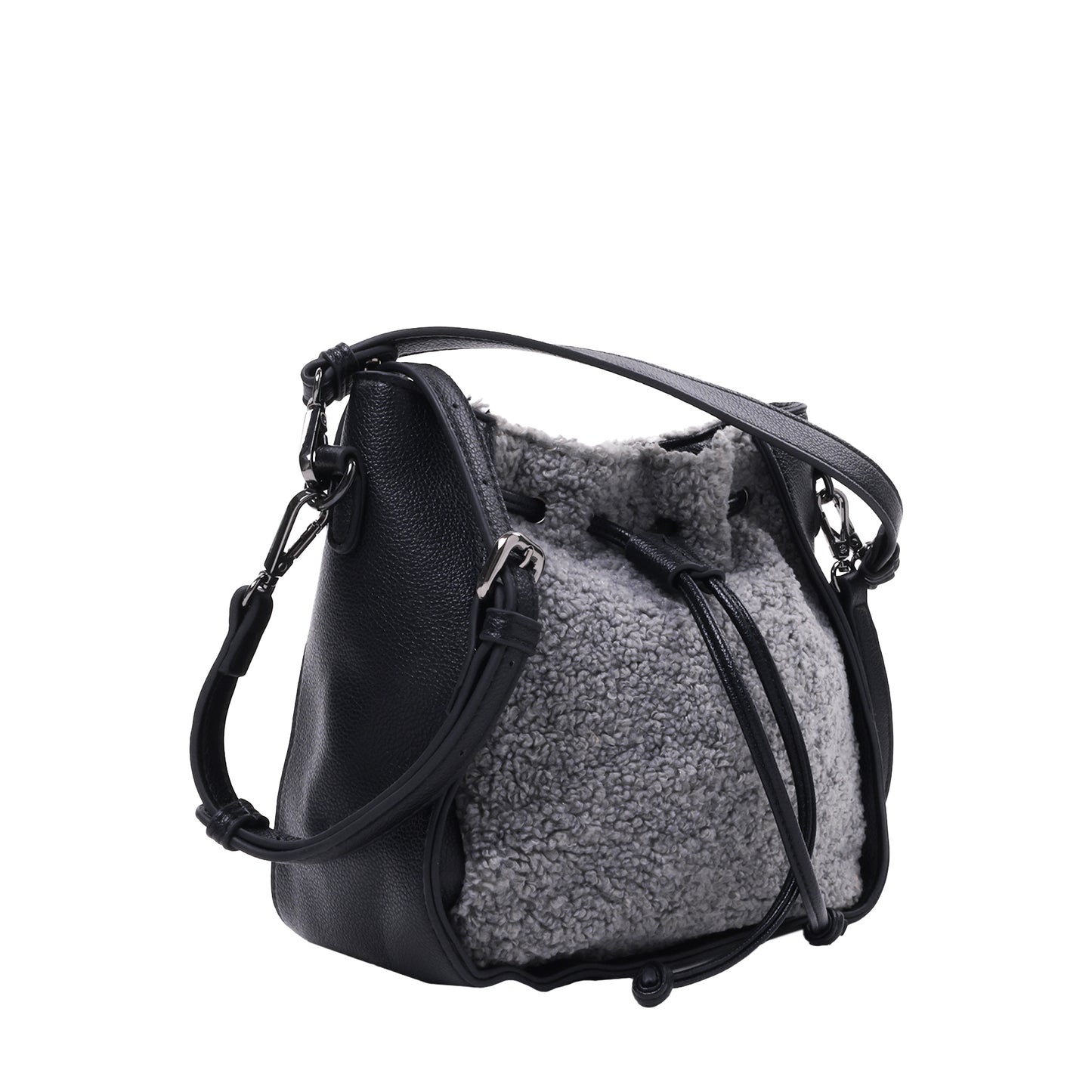 Sherpa Drawstring Bucket Bag Grey