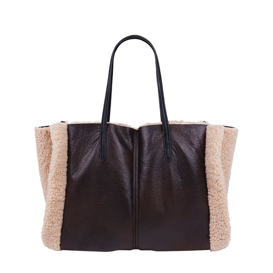 Faux Leather Tote With Sherpa Trim Brown