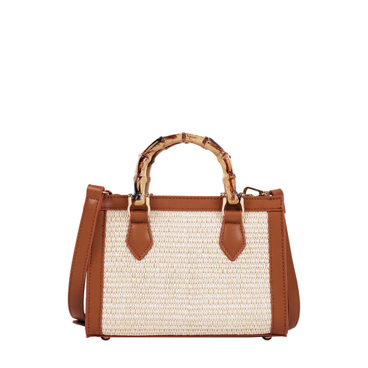 Raffia Bag With Bamboo Handle Strap Brown