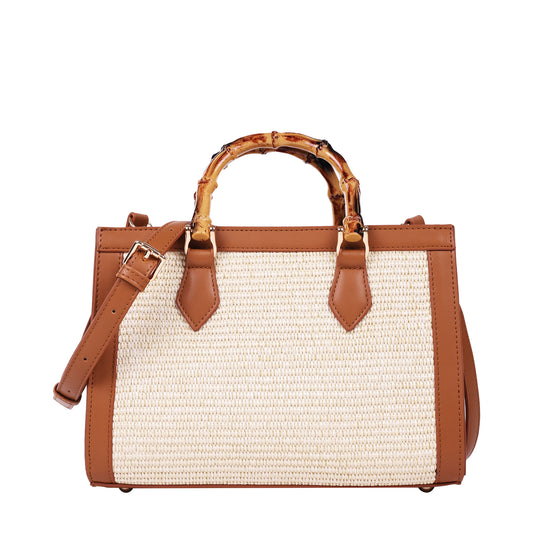 Large Raffia Bag With Bamboo Handle Strap Brown