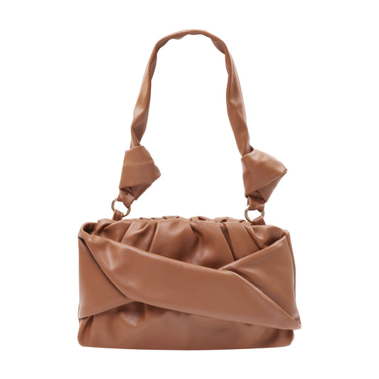Folded Lambskin Nappa Pu With Knotted Handle Clutch Cognac