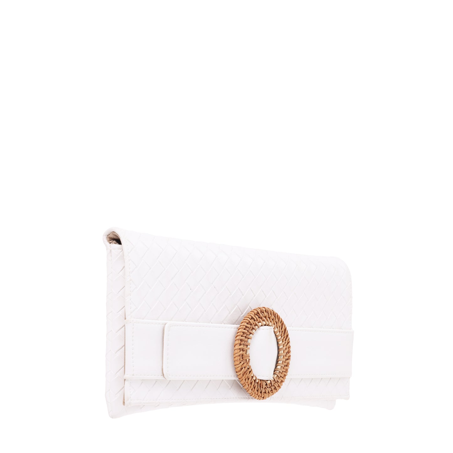 Woven Embossed Pu With Wicker Buckle Clutch White