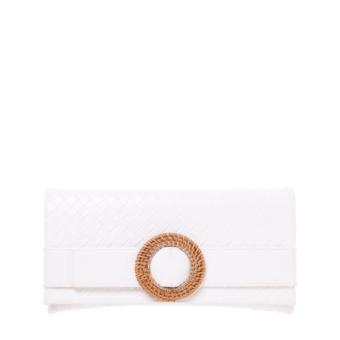 Woven Embossed Pu With Wicker Buckle Clutch White