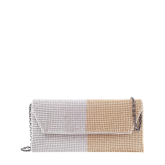 Two Tone Crystal Mesh Flap Clutch Gold