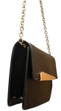 Leather Clutch With Geometric Bar Ornament Black