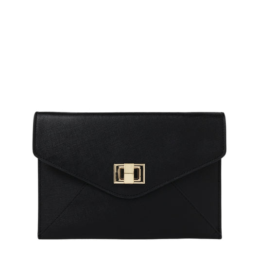 Leather V-Flap Clutch With Turn Lock Black