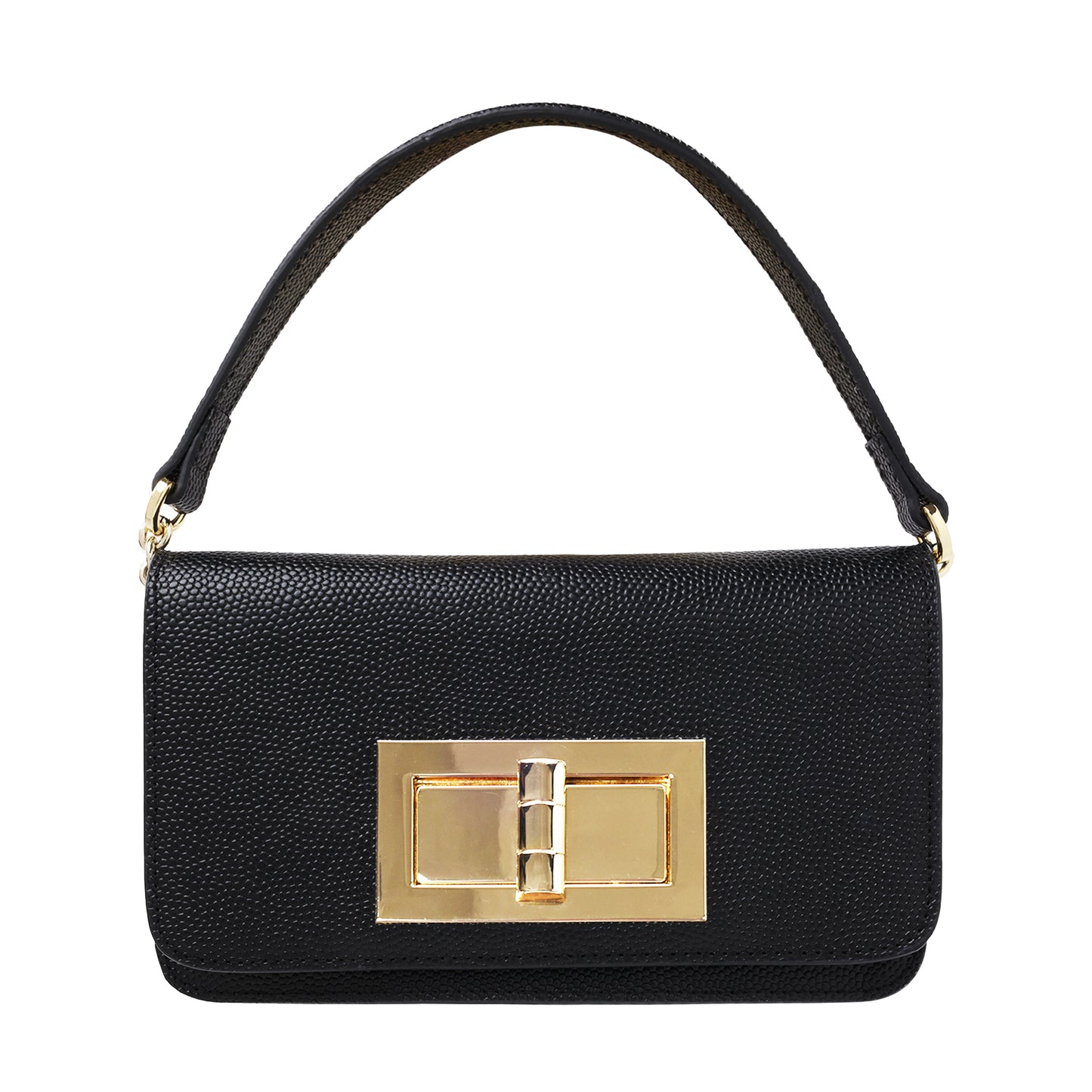 Caviar Leather Top Handle Flap With Turn Lock Detail Black