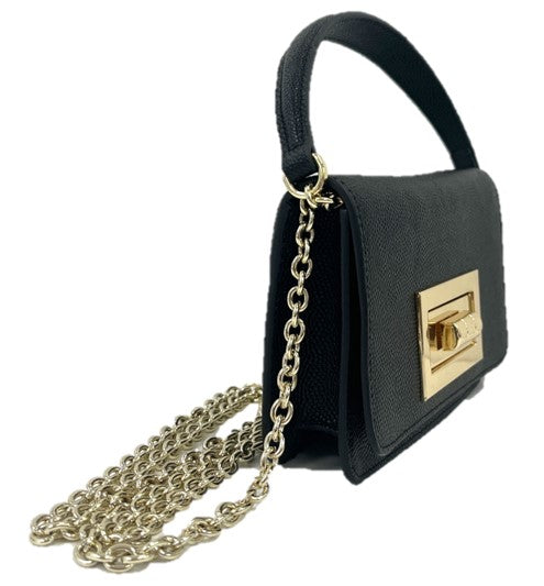 Caviar Leather Top Handle Flap With Turn Lock Detail Black