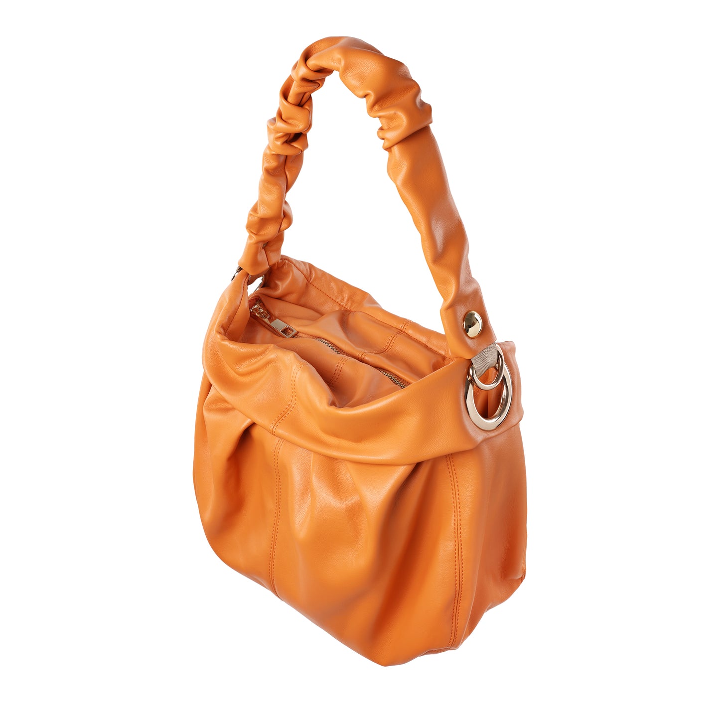 Gathered Soft Nappa With Ruched Handle Hobo Bag Orange