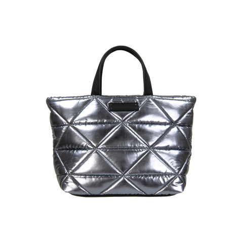 Metallic Quilted Mini Nylon Tote with Faux Leather Handles