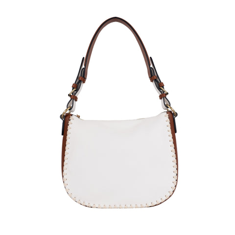 white and brown blanket stitch vegan leather hobo bag