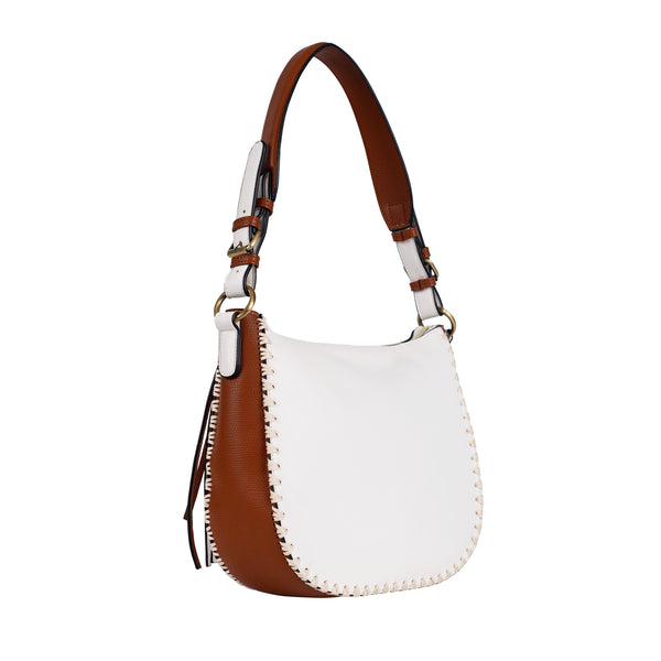 angled white and brown blanket stitch vegan leather hobo bag