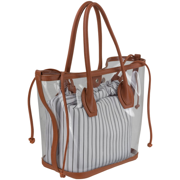 Clear Tote with Interior Stripe Drawstring Pouch