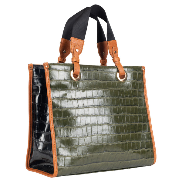 Embossed Faux Crocodile Shopper with Smooth Vegan Nappa Leather Trim