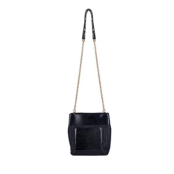 Woven Vegan Leather Bucket with Chain Shoulder Strap