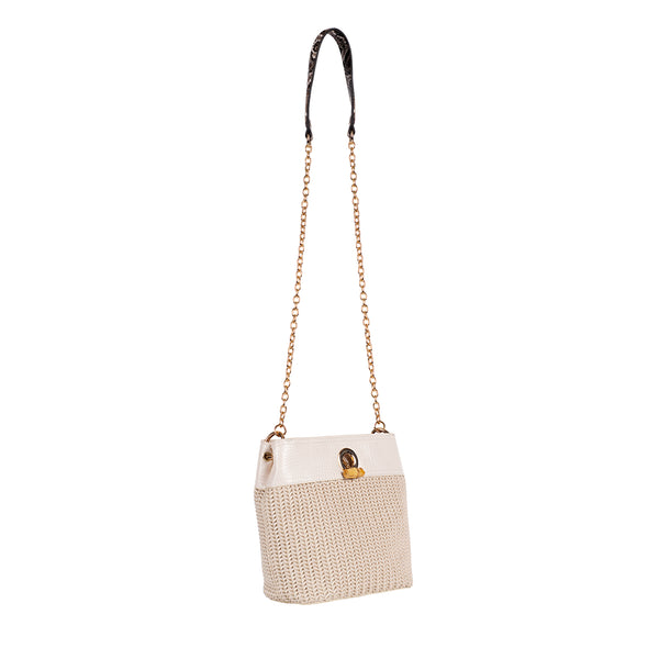 Woven Vegan Leather Bucket with Chain Shoulder Strap